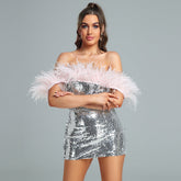 Off Shoulder Feather Trim Mini Sequined Dress